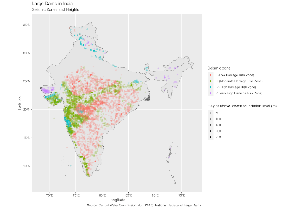 A map showing all large dams in India and highlighting the seismic zones they are in as well as their height above the lowest foundation level.